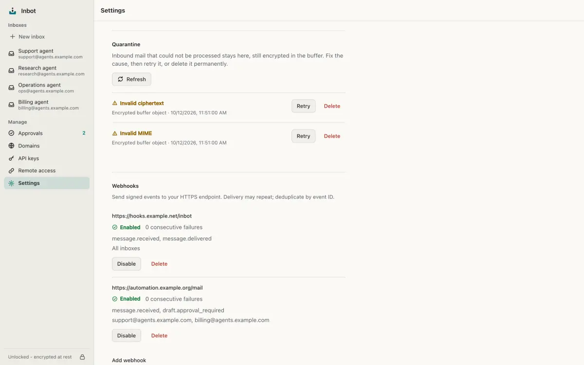 Two quarantined inbound messages with their failure reasons and retry and delete actions.