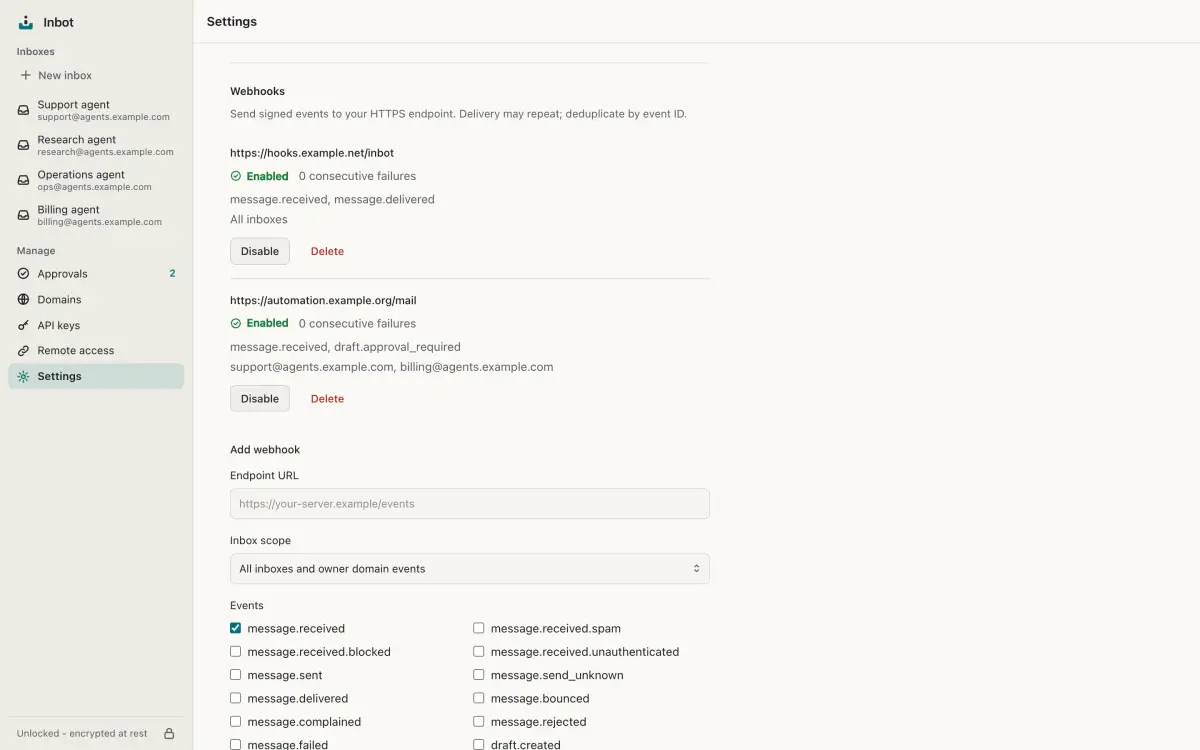 Webhook endpoints with their subscribed events.